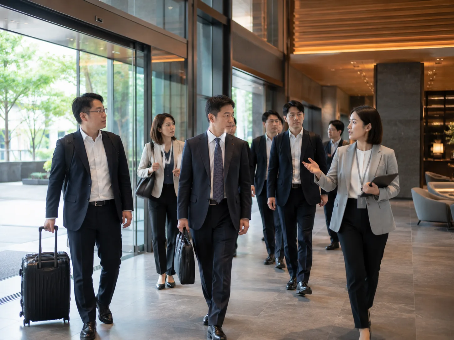 일본 현지 시설로 이동하는 단체와 운영 코디네이터